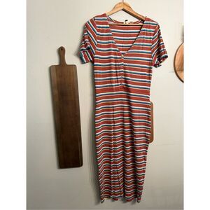 Roxy Multicolor Striped Knit Short Sleeve Bring It On Buttoned Shirt Dress Large